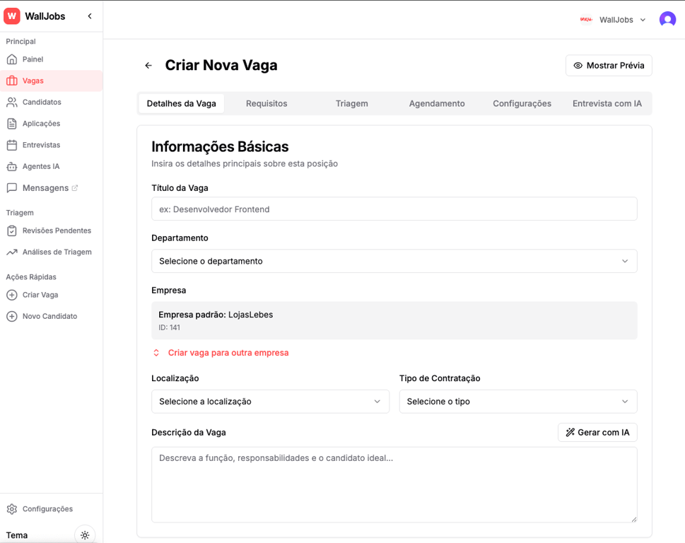 Tela de Criação de Vaga - AI ATS WallJobs