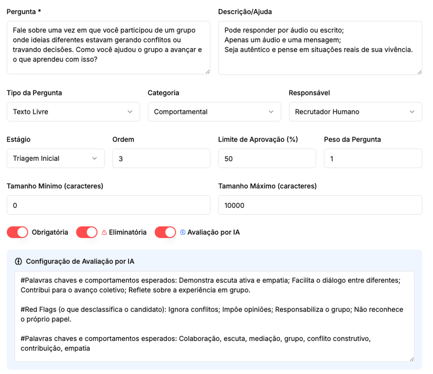 Exemplo de Configuração de Pergunta de Triagem - AI ATS WallJobs