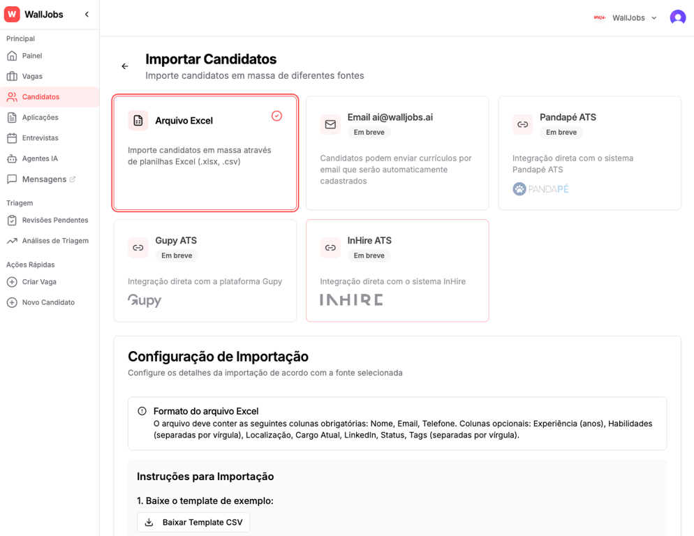 Configuração de Importação Excel - AI ATS WallJobs
