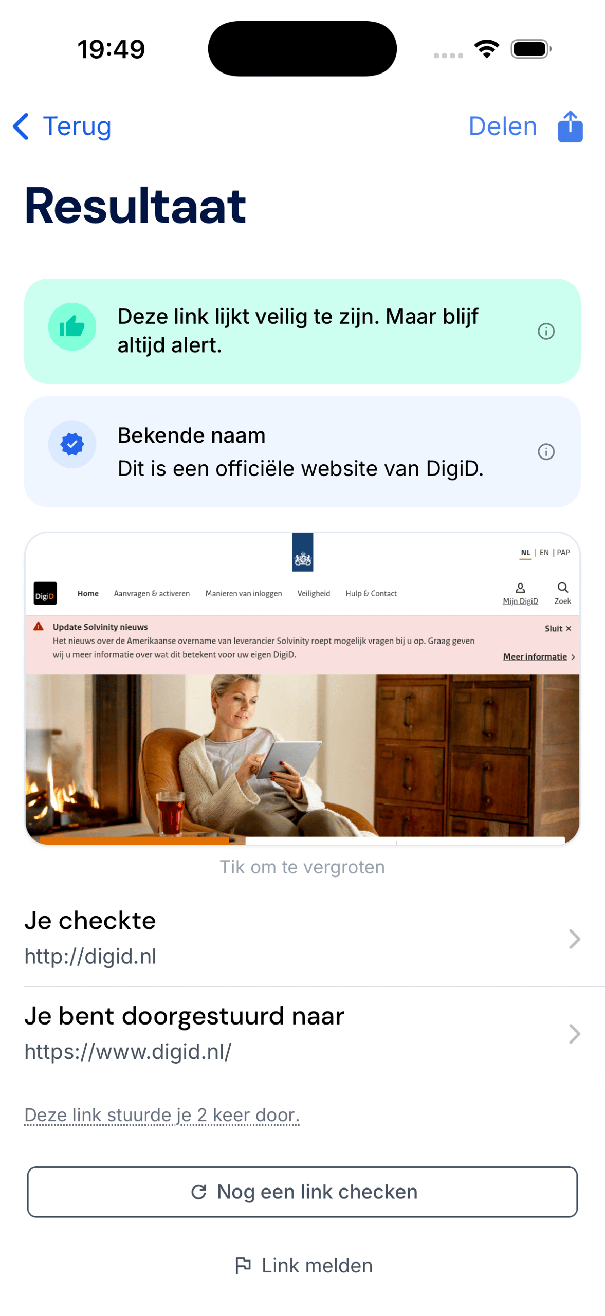 De Voorbeeldafbeelding in de app: een schermafbeelding van de bestemming van een gecheckte link.