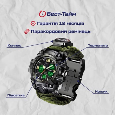 Чоловічий водостійкий тактичний годинник Besta Life Pro з компасом - Фото 11