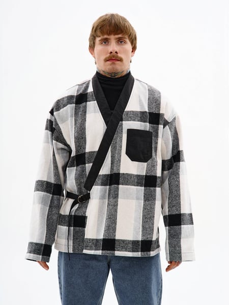 Сорочка-кімоно з фланелі "Каге", чорно-біла клітинка TURWEAR