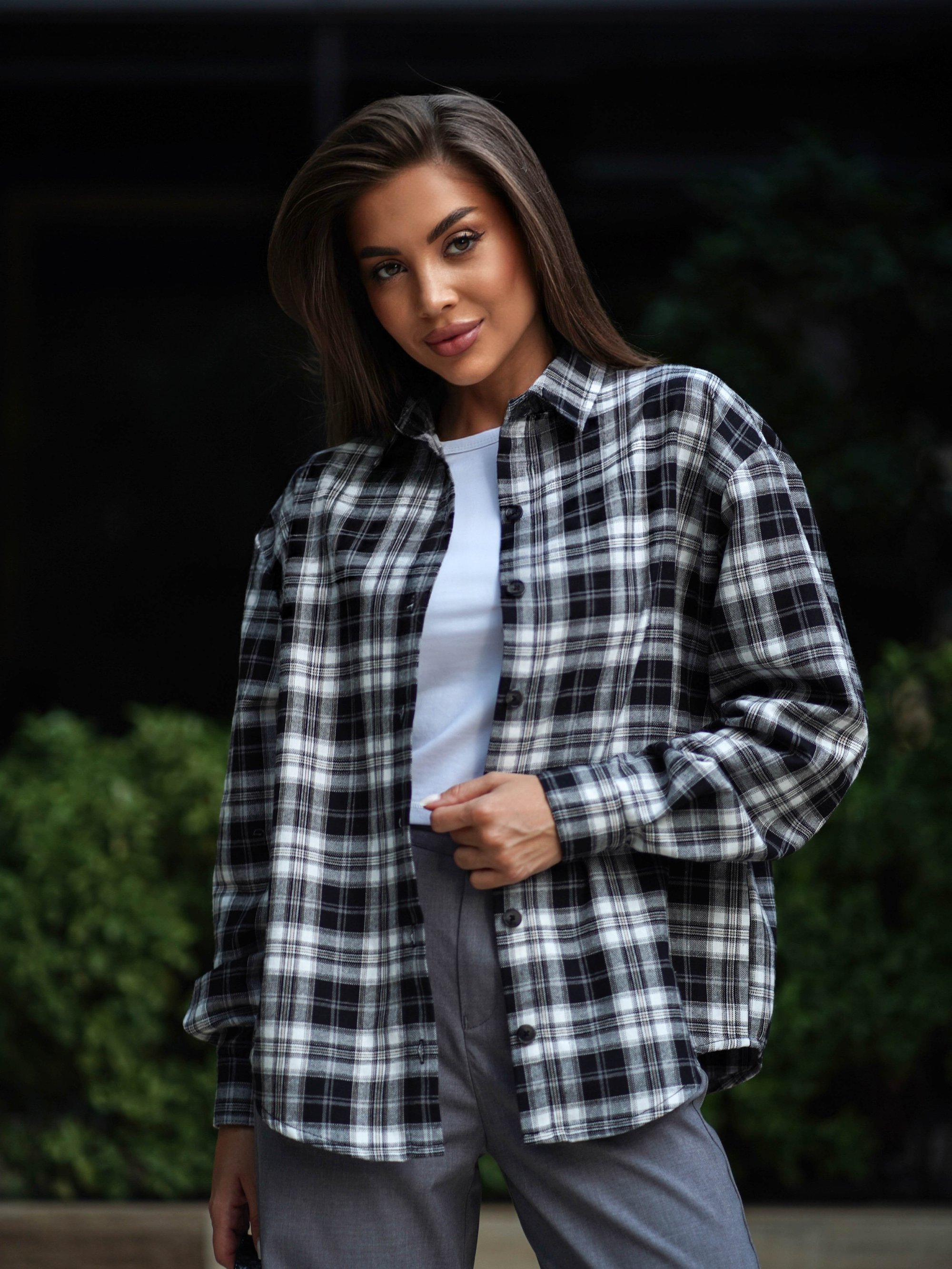 Жіноча сорочка бавовняна оверсайз у клітку з фланелі Teamv Flanel Чорна