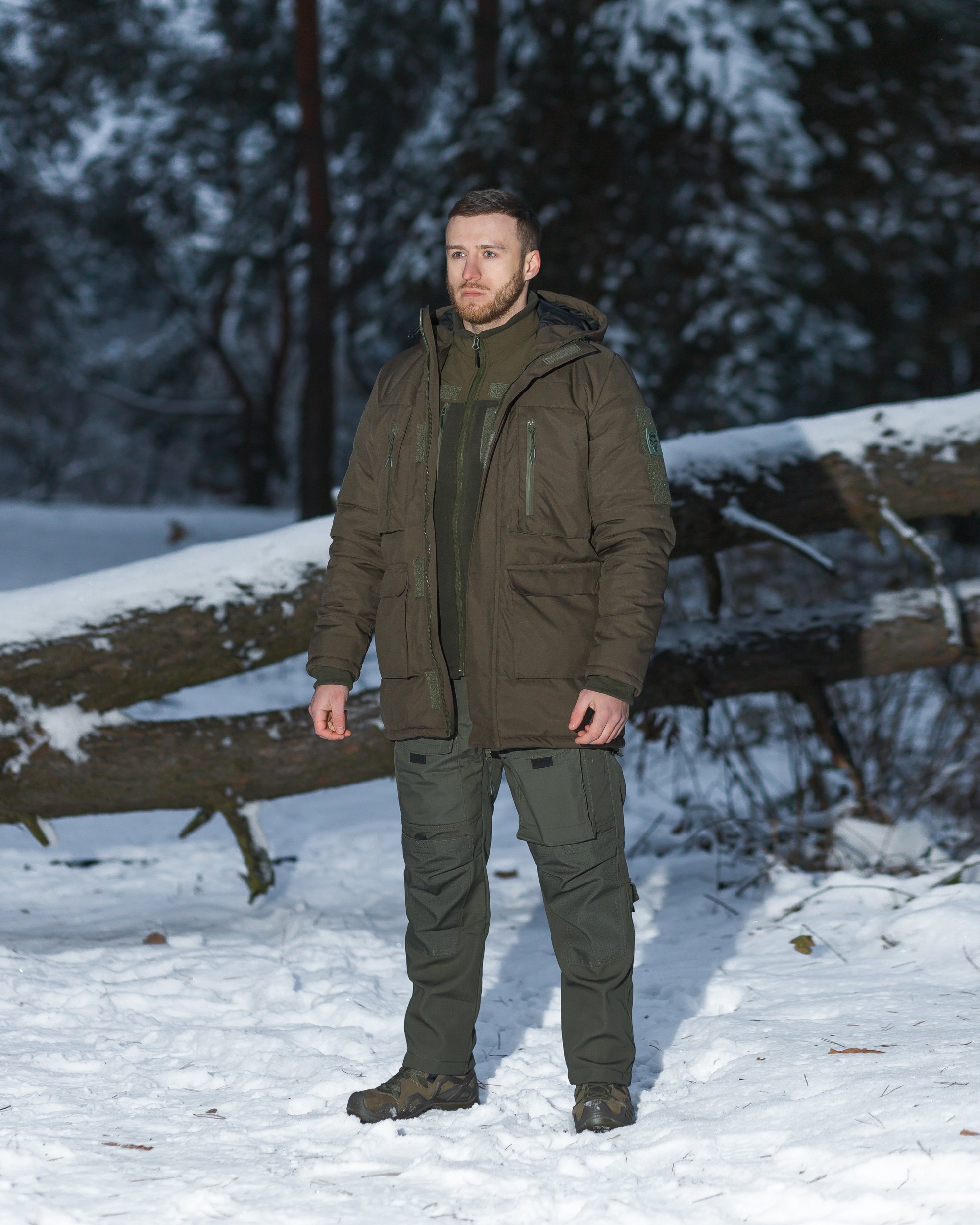 Комплект тактический (Куртка парка зимняя BEZET Исландия хаки-Кофта флисовая BEZET хаки-Брюки карго теплые BEZET Alpha хаки)