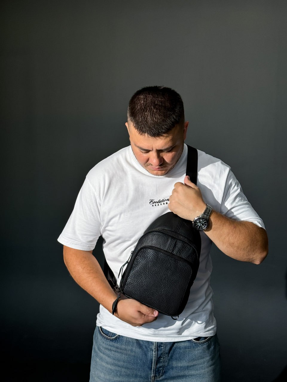 Слінг із натуральної шкіри, шкіряна сумка через плече SKILL чорна SKILL