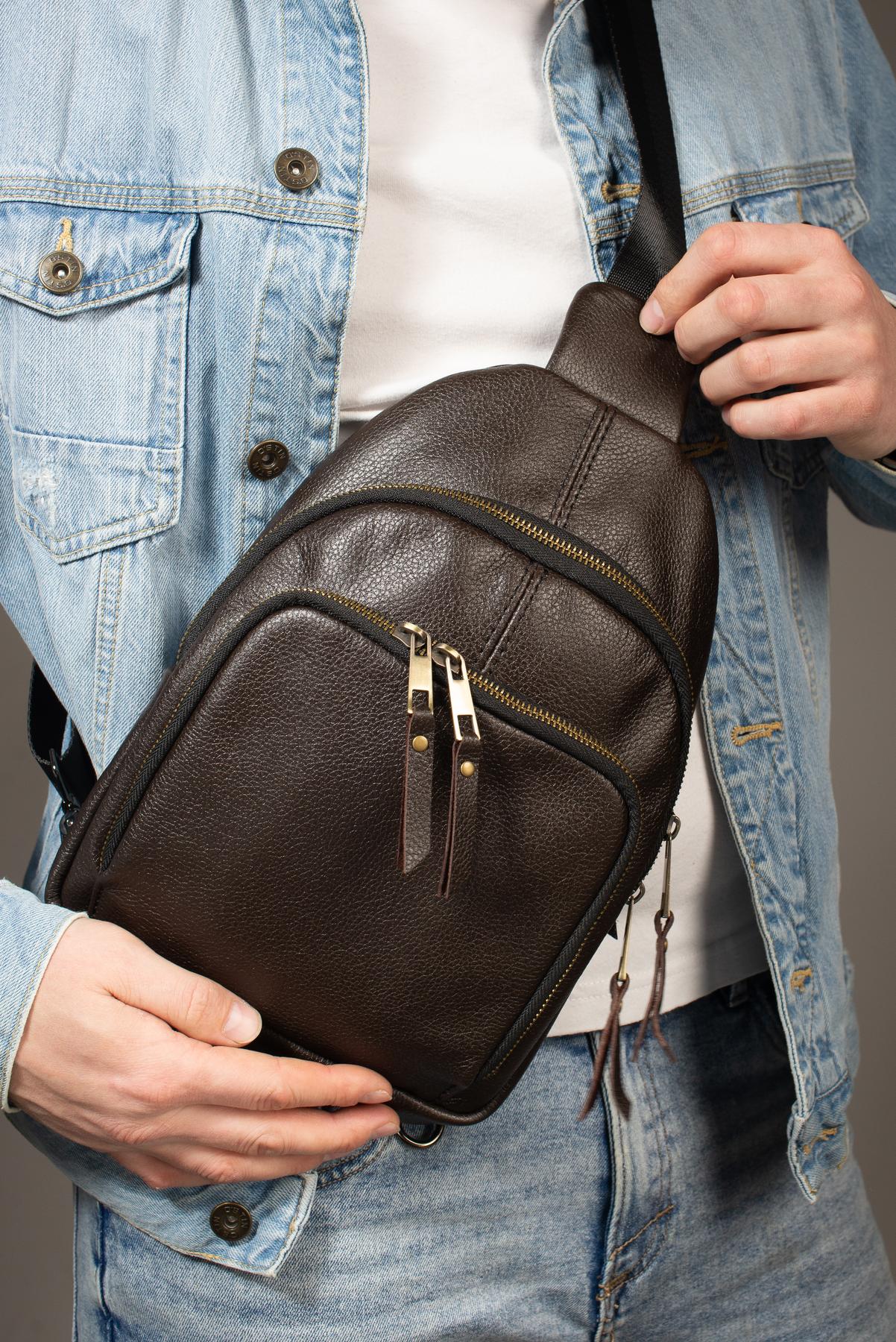 Слінг із натуральної шкіри, шкіряна сумка через плече SKILL (коричнева) SKILL