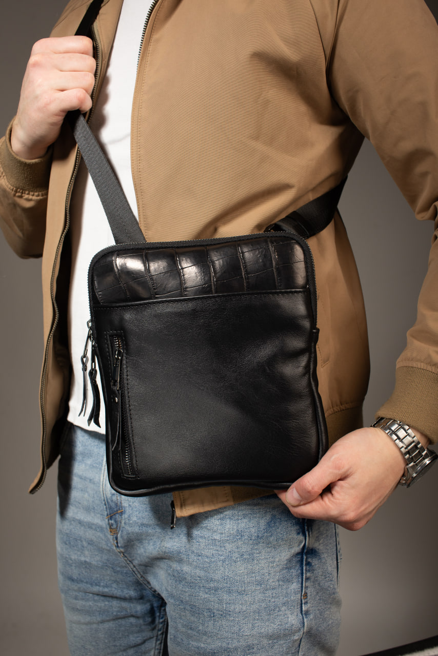 Сумка чоловіча SKILL через плече шкіряна чорна