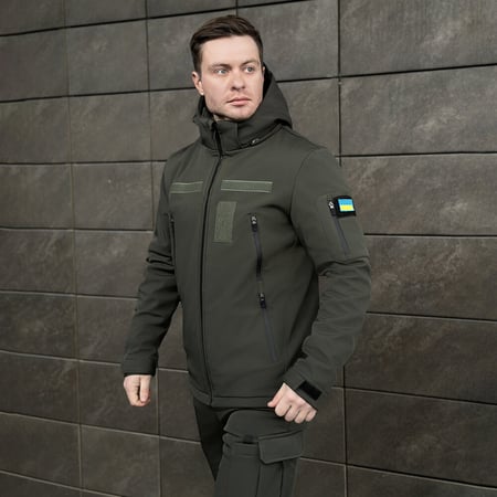 Чоловіча хакі куртка софтшелл демісезонна Pobedov Motive із липучками