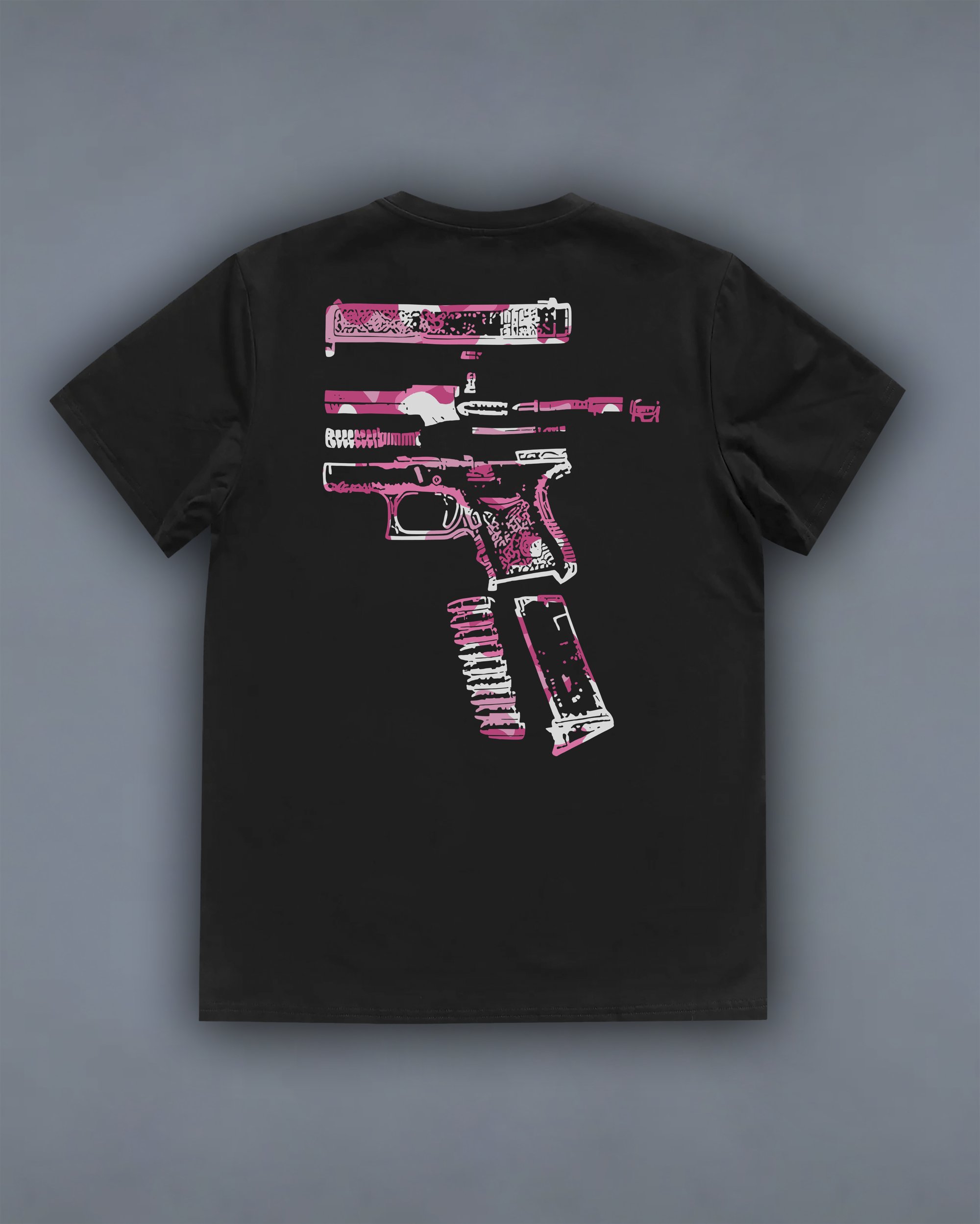 Футболка з принтом In Glock We Trust pink чорна We feel