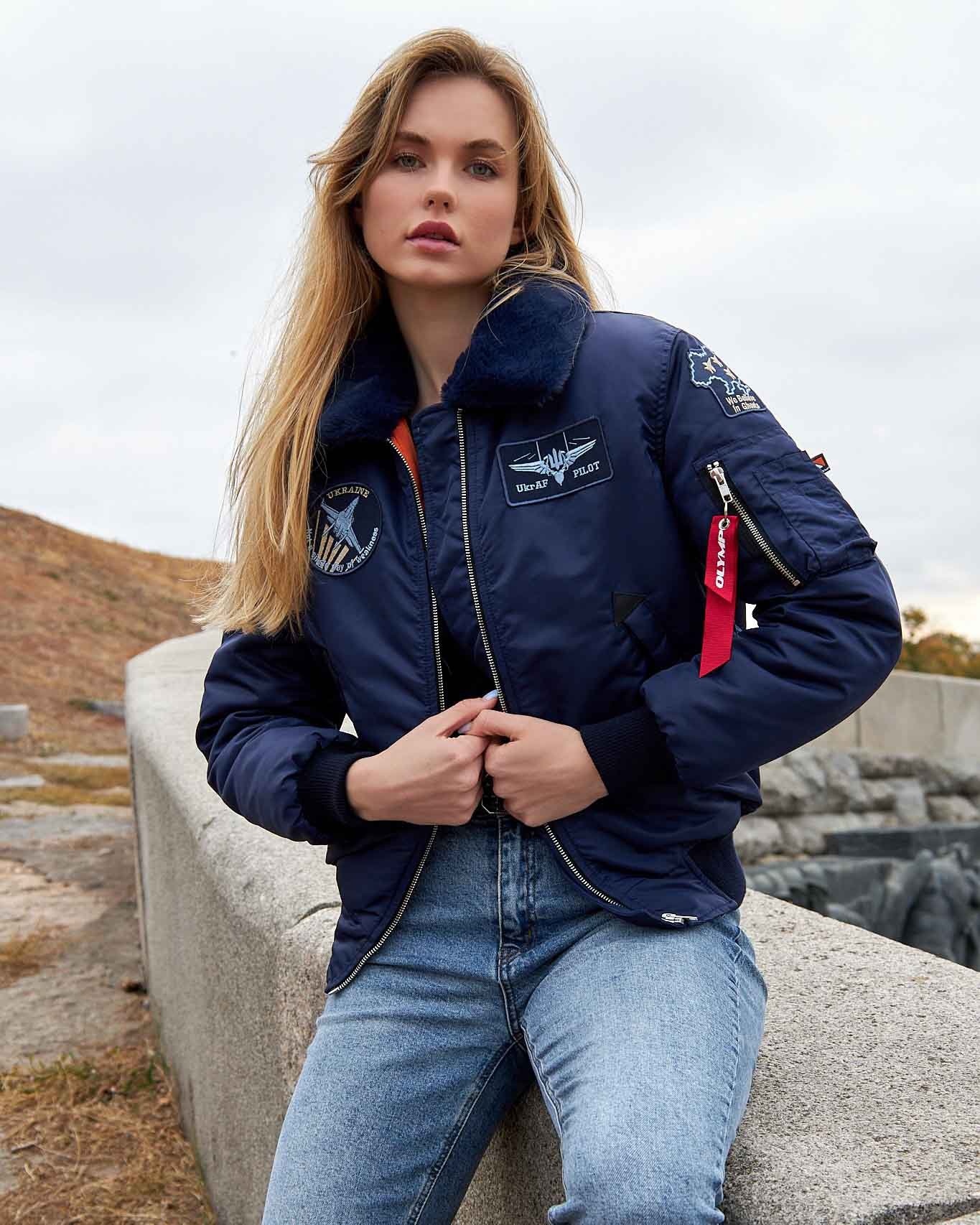 Бомбер B-15 синій жіночий з нашивками Olymp