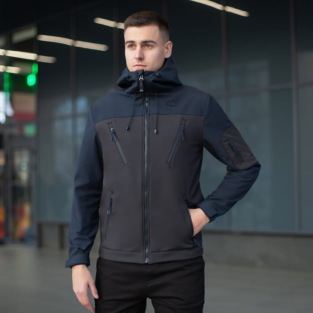 Куртка чоловіча демісезонна з капюшоном чорно-синя Pobedov Korol' Lev