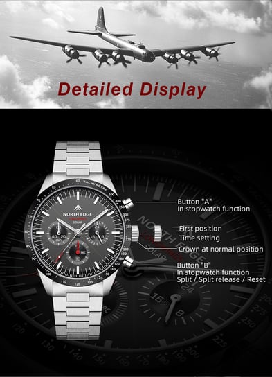 Чоловічий водостійкий тактичний годинник North Edge Long Wings з сонячною батареєю - Фото 8