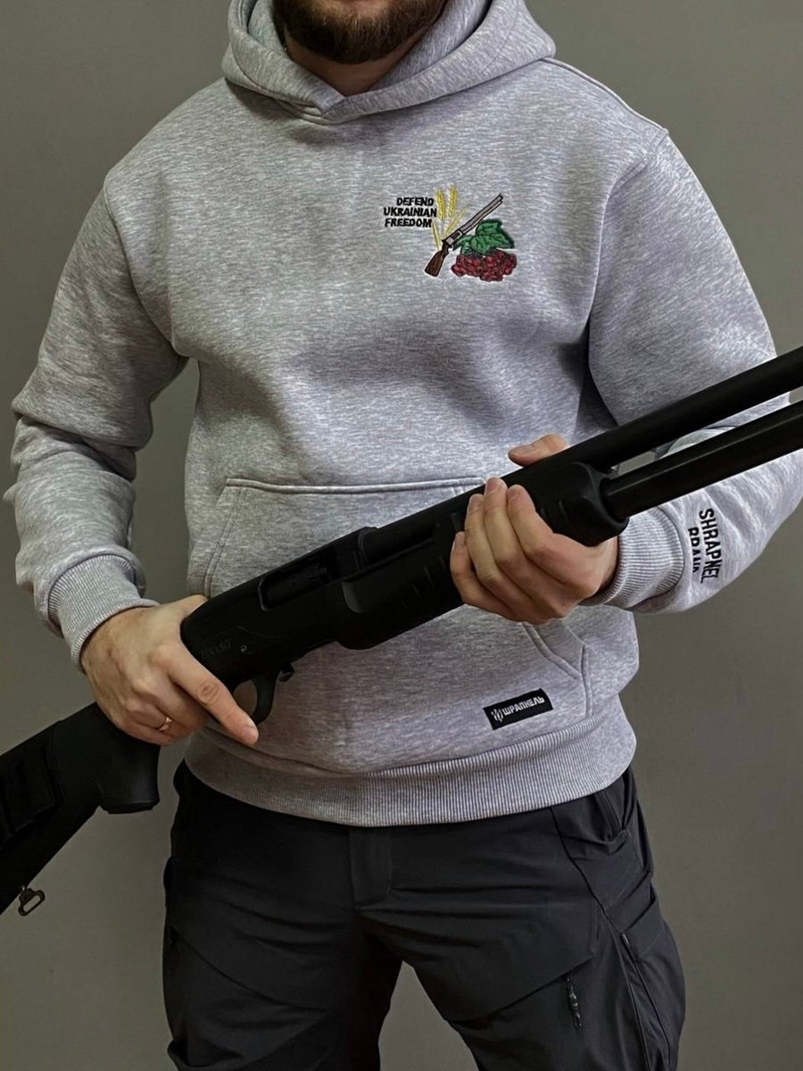 Худі утеплене з вишивкою Shrapnel Defend Ukrainian Freedom cірого кольру