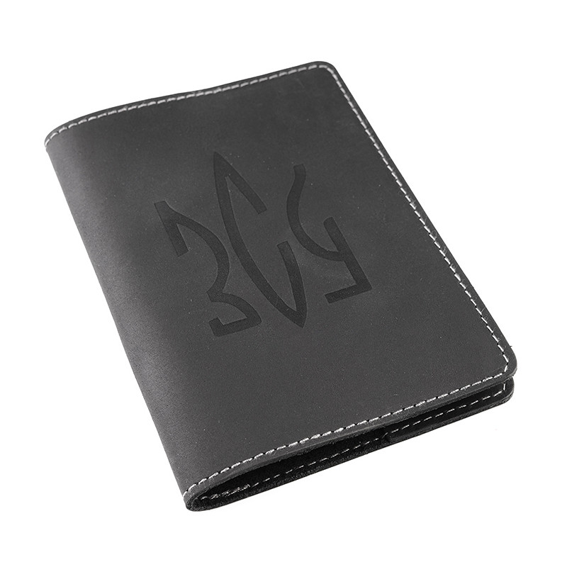 Шкіряна обкладинка патріотична на військовий квиток герб, ЗСУ квитка, матова шкіра Crazy horse Чорний HardKIT