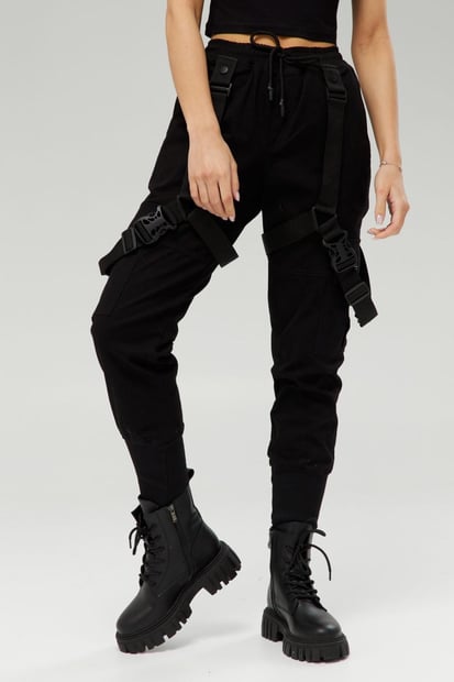 Жіночі карго штани з котону та стропами "Кіоші", чорний TURWEAR