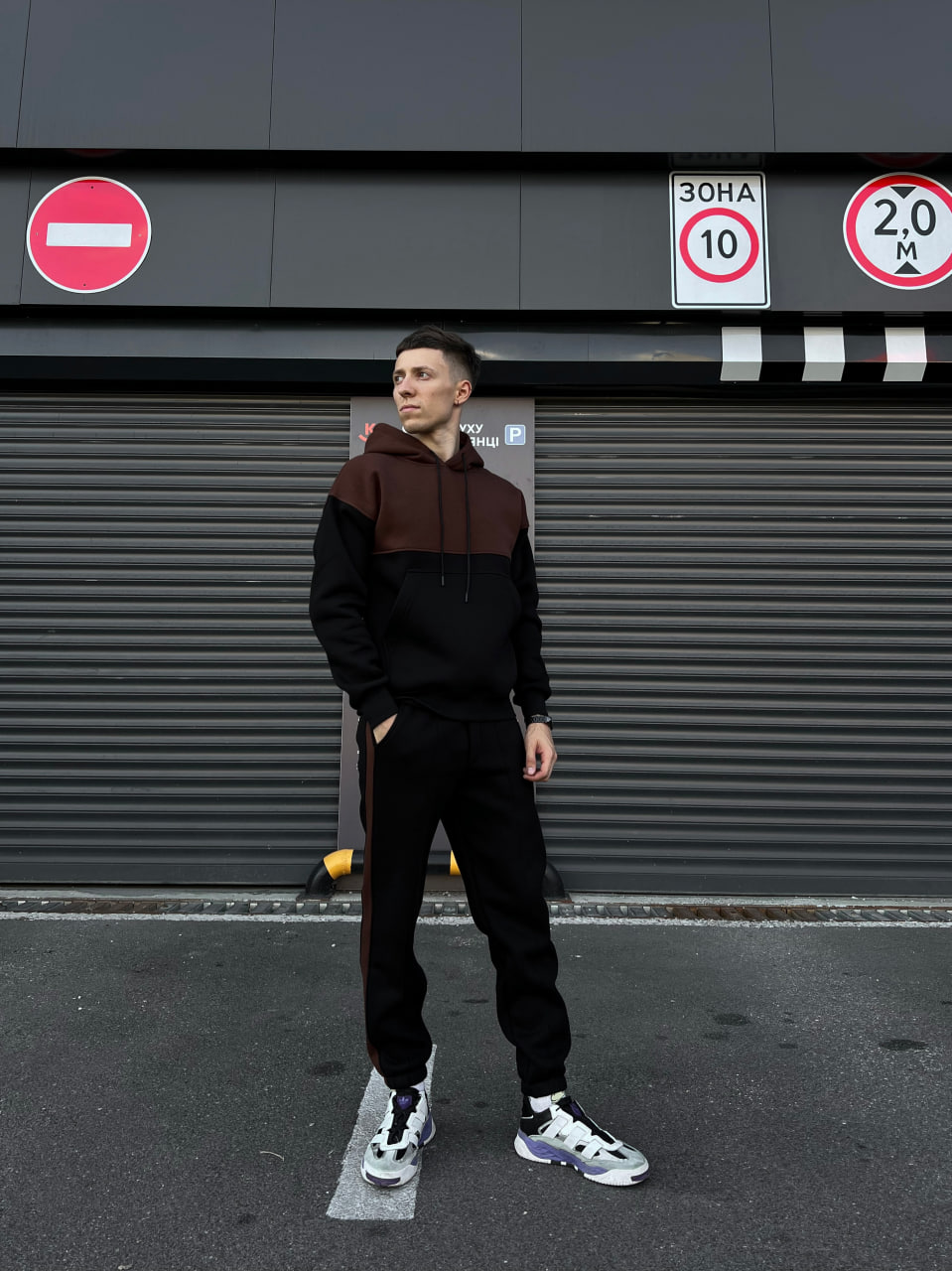 Чоловічий теплий спортивний костюм, флісовий Reload - Double чорний з коричневим