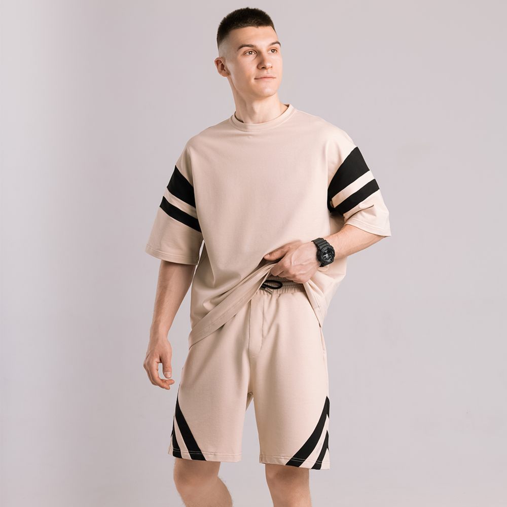 Чоловічий літній комплект шорти і футболка бежевий вільного крою Pobedov Flow