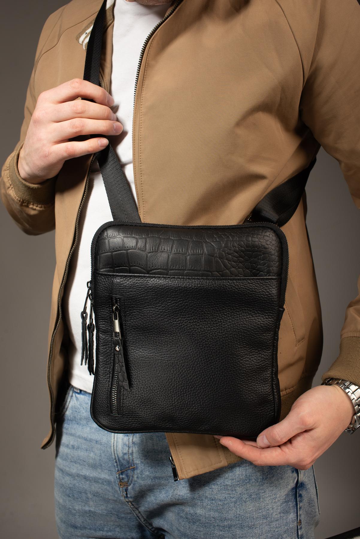 Сумка-мессенджер із натуральної шкіри, сумка через плече чоловіча SKILL чорна SKILL