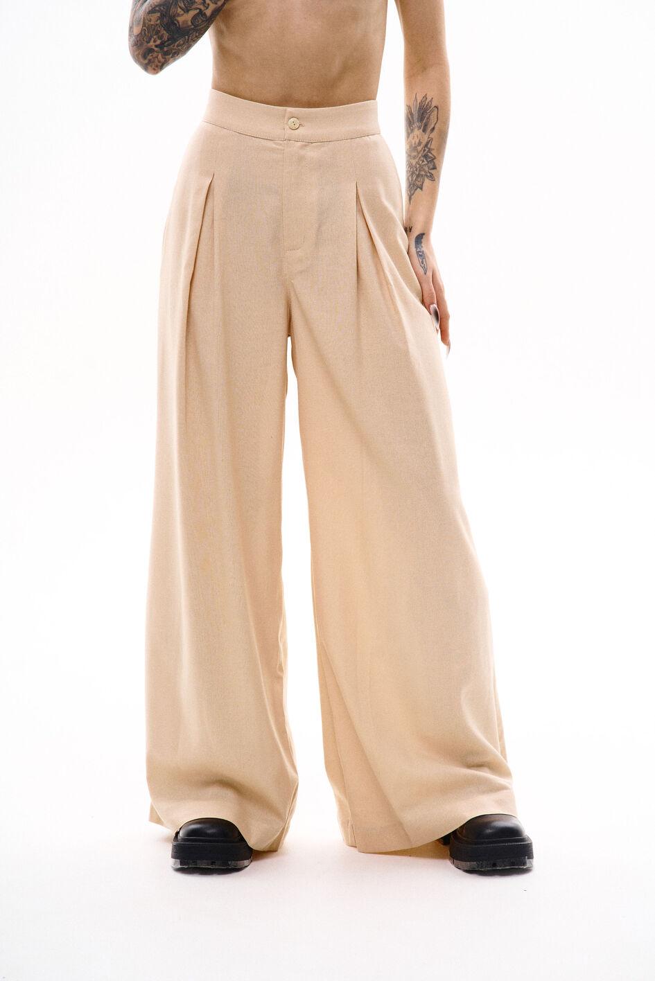 Широкі жіночі брюки з льону та вишивкою Кадзукі, бежевий TURWEAR