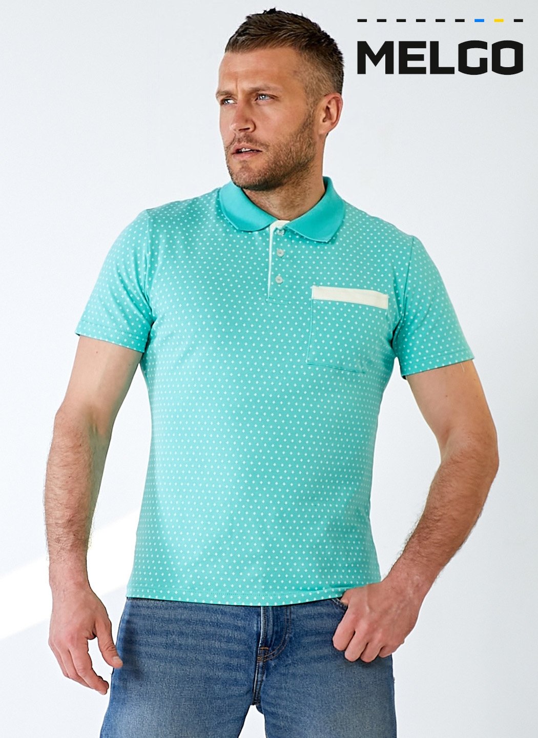 Еластична бавовняна поло чоловіча М'ятна у дрібний малюнок MELGO