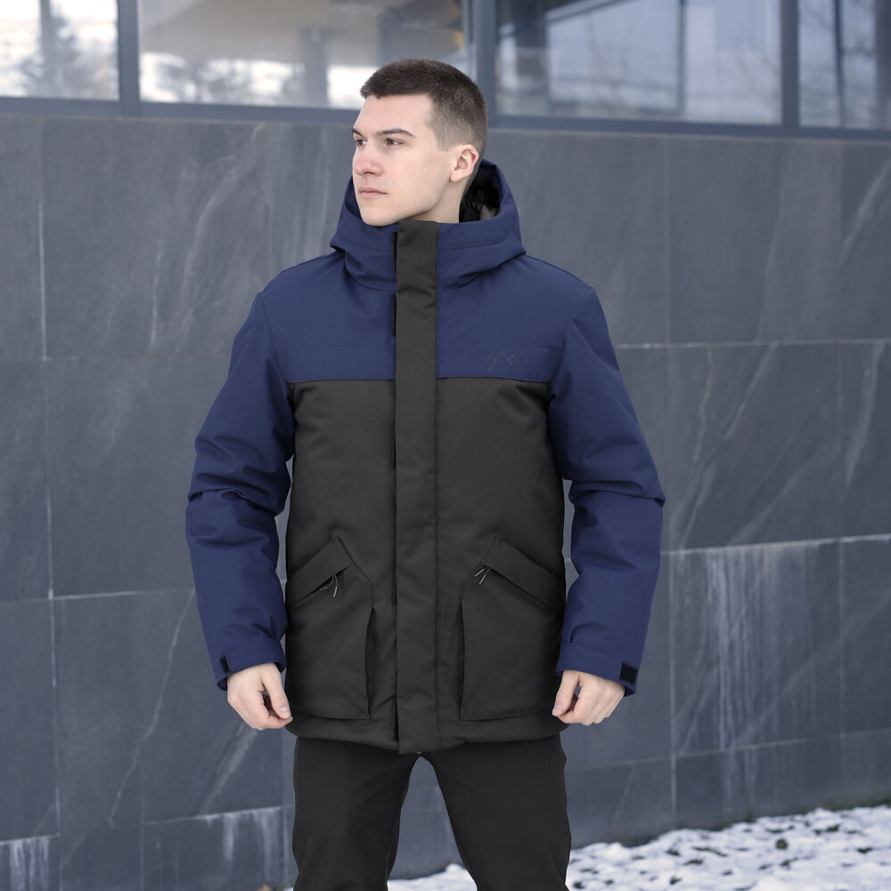 Парка чоловіча зимова з капюшоном чорно-синя Pobedov Navy