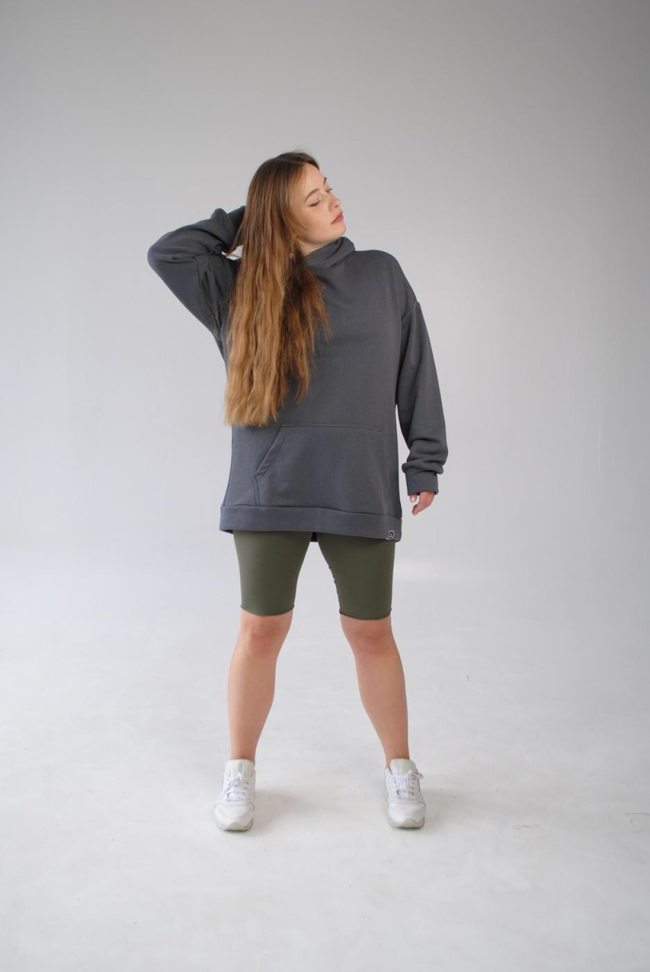 Худи оверсайз с начёсом серый женский Hi Mate