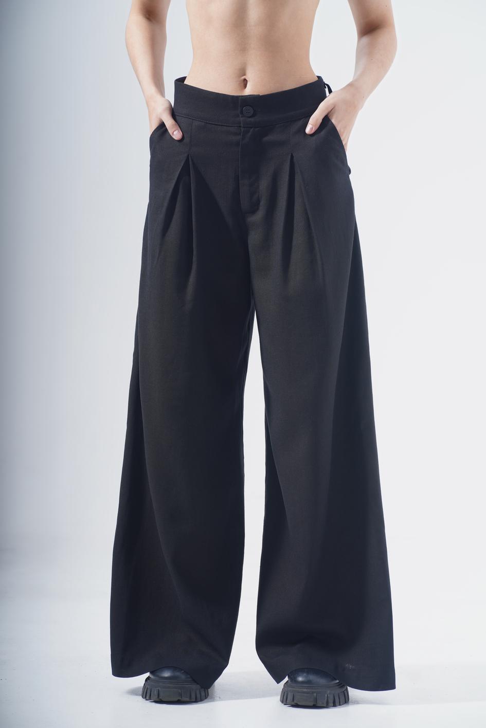 Широкі жіночі брюки з льону та вишивкою Кадзукі, чорний TURWEAR