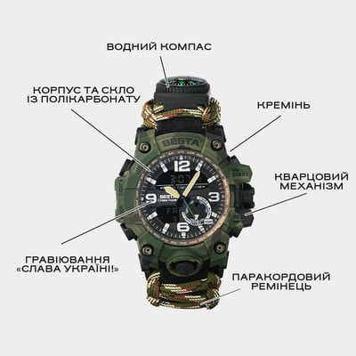 Чоловічий водостійкий тактичний годинник Besta Military з компасом - Фото 4