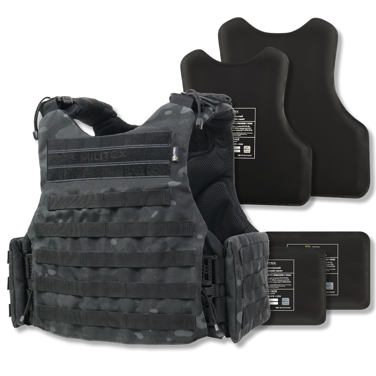 Бронежилет Militex Modular X-1 з балістичним пакетом 1 клас захисту (Збільшена площа захисту) Black Multicam KIBORG