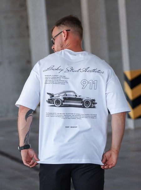 Футболка з бавовни оверсайз з принтом Porsche Біла