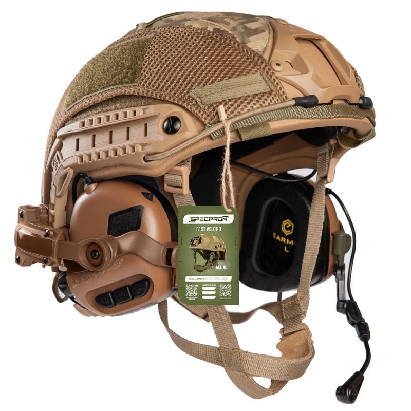 Шолом FAST SPECPROM в кавері з навушниками M32H з "Чебурашками" Койот