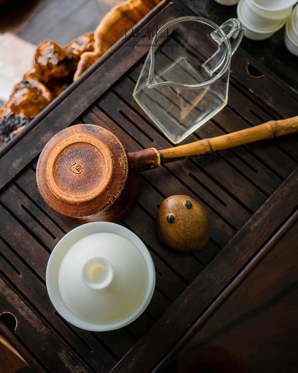 Traditional Chinese tea set on wooden tray