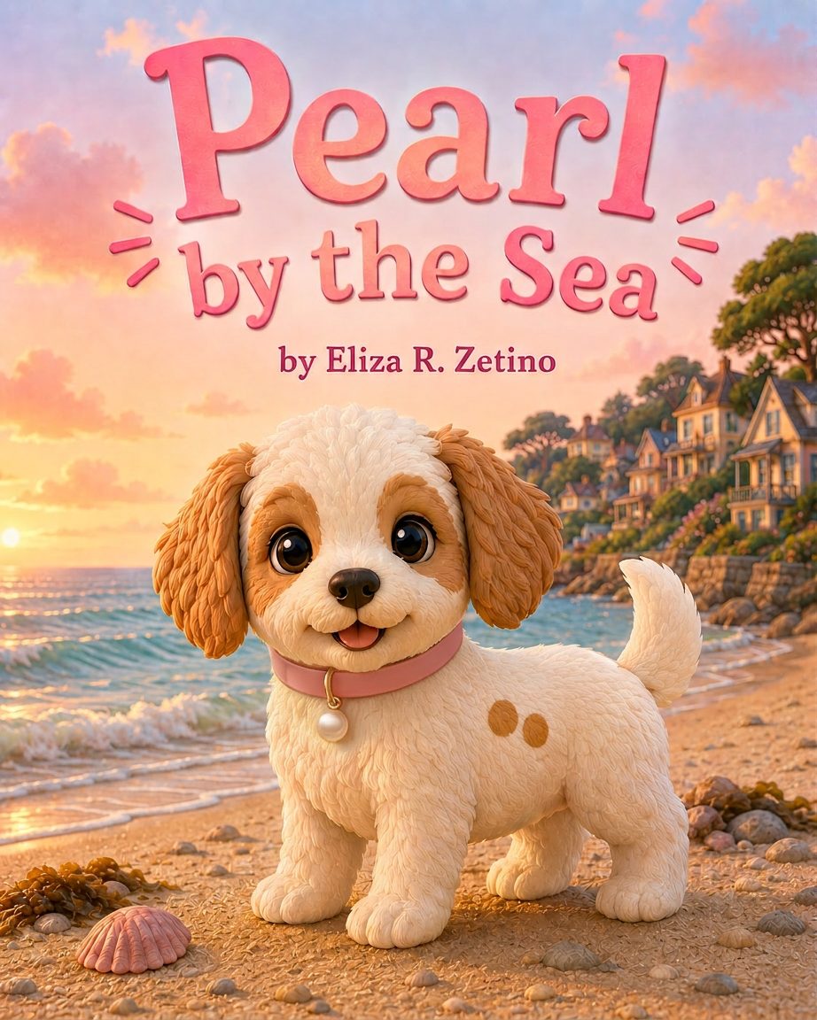 Cover of Pearl by the Sea featuring an adorable miniature bernedoodle puppy wearing a pink collar on a glowing beach at sunset.