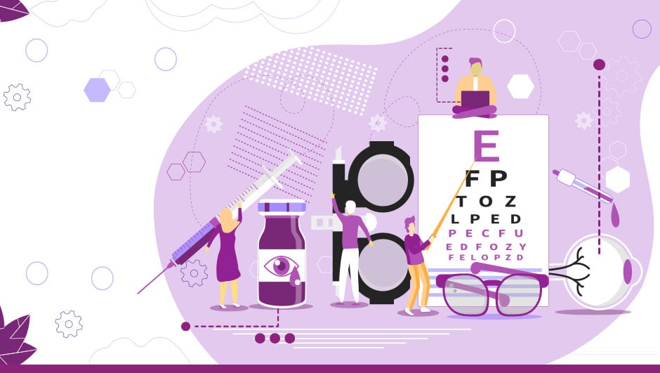 Imagen que muestra gráficamente a cinco doctores sobre objetos oculares (lentes, oftalmoscopio, platillas de letra, etcétera)