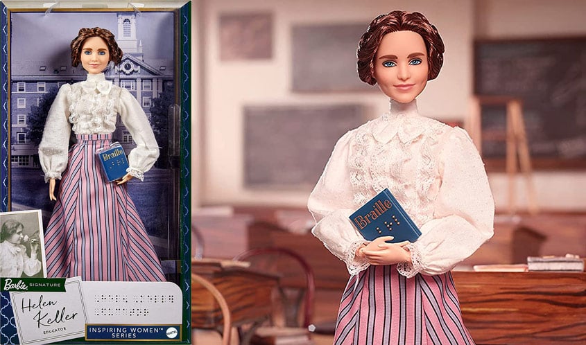 Combo de imágenes en los que se aprecia la muñeca Hellen Keller, de la colección Muñecas Inspiradoras de Barbie. Del lado izquierdo se aprecia la figura que en su mano tiene un libro azul que dice Braille en su portada y en la parte inferior se colocó la fotografía real, en blanco y negro, de la activista y defensora de los derechos de las personas de discapacidad, que sostiene una rosa en sus manos. Del lado derecho se hace un acercamiento de la muñeca, con su libro en Braille entre las manos. La figura fue vestida con una blusa blanca de encaje y volantes, y una falda larga a rayas rosas y azules, que es la indumentaria tradicional de principios del siglo XX. Además, está peinada con un chongo que le deja descubierta la frente. El empaque transparente de la muñeca tiene elementos accesibles, como el etiquetado en braille.