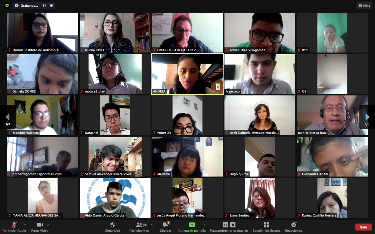 Captura de pantalla de un evento por la plataforma de videollamadas Zoom la Licenciatura en Pedagogía e Innovación Educativa de la Universidad Intercontinental en donde aparecen aproximadamente 25 personas en pantalla, doce mujeres y trece hombres.