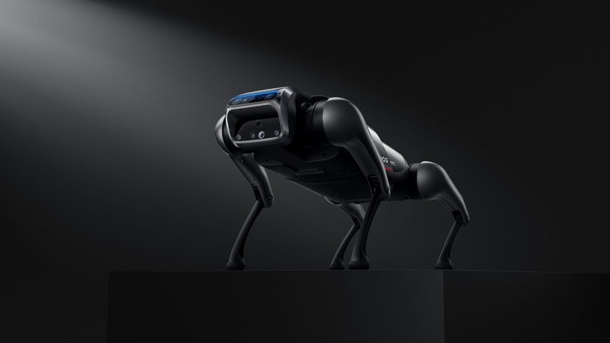 Fotografía muy contrastada en tonos de negros y grises que muestra al perro robot de Xiaomi; se trata de un robot que semeja a un perro musculoso y que en un cabeza tiene una pantalla, que vista de manera rápida semeja a una escafandra de buzo.