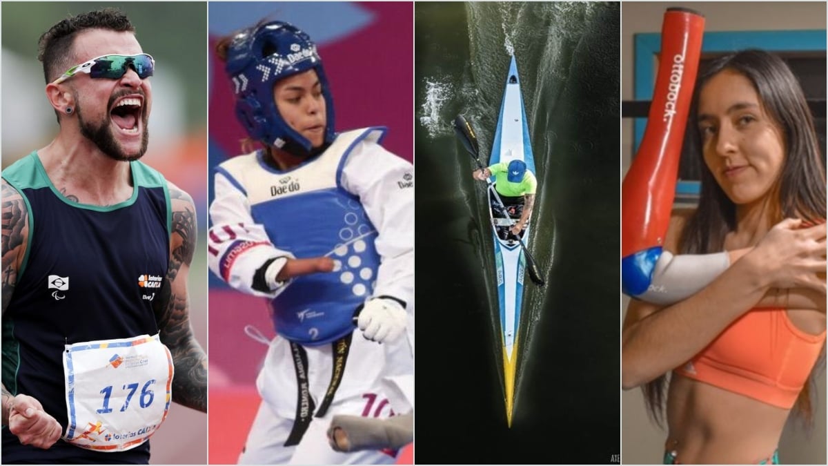 Imagen que muestra las fotografías de cuatro deportistas paralímpicos. El primero, un corredor, que grita; la segunda, una taekwondoin con traje blanco y peto y casco azul; un kayak visto desde lo alto; y una paratleta que muestra la prótesis de su brazo levantándola.