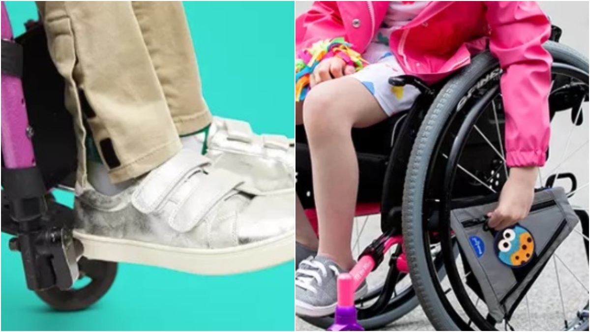 Dos fotografías que muestran detalles de moda para niño y niña en el regreso clases. Los modelos son usuarios de sillas de ruedas. En la primera imagen se ve parte de las piernas y pies. Usa pantalones que se ajustan al tobillo de manera interna, gracias al velcro que los sujeta y que facilitan ponérselos. Los pantalones son color beige y los tenis, también con correas con velcro, son blancos. El el caso de la niña, se ven prendas coloridas, alegres, en tonos de rosa y fresa.