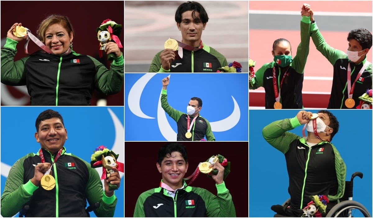 Fotografía de los siete medallistas de oro mexicanos en Tokyo 2020. Todos visten el uniforme negro con mangas en color verde, al igual que el cierre, y con una bandera de México en la parte superior izquierda. Con distintos gestos, pero todos los y las campeonas sostienen sus medallas y muestran orgullo y felicidad, a través de un beso, levantar el puño y sonreír mucho.
