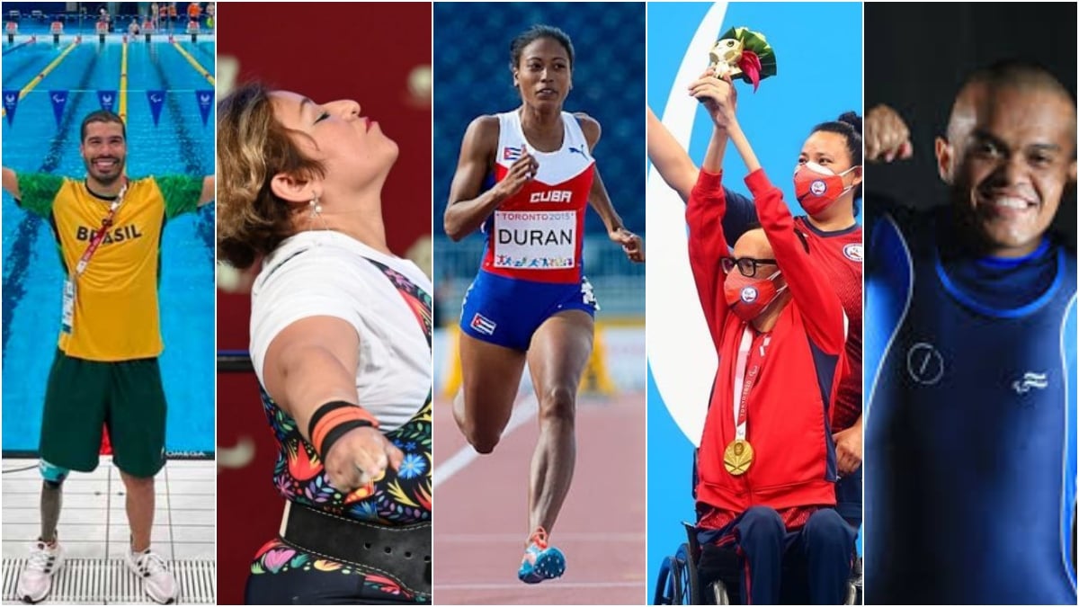 Imagen que reúne a cinco representantes del deporte de América Latina que son ganadores de medallas en Tokio 2020. Empezando por el extremo izquierdo está Daniel Dias, de pie ante la alberca olímpica que se ve atrás de él, azul y con los carriles marcados en amarillo; el nadador es un hombre joven, de cabello muy coro, con bigote y barba negros, usa un uniforme deportivo con los colores de su país, camiseta amarilla dorada con mangas verde, que en el frente tiene escrita la palabra Brasil y bermudas verde oscuro; en su pecho trae colgado su identificación que es una tarjeta rectangular que cuelga de un cordón rojo con blanco. Le sigue la mexicana Amalia Pérez, que está de perfil. Es una mujer de mediana edad, cabello teñido de rubio, alza la cara y cierra los ojos, mientras abre sus brazos extendidos y los lleva a la altura de sus hombros. Ella viste una playera blanca con un chaleco estampado y una faja negra alrededor de la cintura. Luego está la velocista cubana Omara Durand, una mujer joven de tez morena, cabello negro y recogido captada durante una carrera. Viste uniforme deportivo de playera sin mangas, la parte superior es blanca y la inferior roja, y en letras blancas dice Cuba, además de un identificador blanco que dice Durand. Sus shorts son muy cortos en color azul. Está en posición de carrera con el brazo derecho doblado y el izquierdo extendido atrás de su cuerpo, mientras da un paso largo con la pierna izquierda y flexiona la derecha atrás de su cuerpo. La siguiente imagen es del chileno Alberto Alzaga, usuario de silla de ruedas que lleva chamarra deportiva roja y cubrebocas del mismo color, y pantalón negro con rayas rojas a los costados. En el pecho luce su medalla. Él alza sus brasos y sostiene el ramo con la mascota de Tokio. Detrás de él está de pie una asistente, también con cubrebocas y playera roja. Al final está Herbert Aceituno, de El Salvador, un hombre de talla baja, de piel morena, con la cabeza rapada, usa un traje de competencia de levantadores de pesas color azul y sube el puño derecho a la altura de su rostro, que muestra una gran sonrisa.