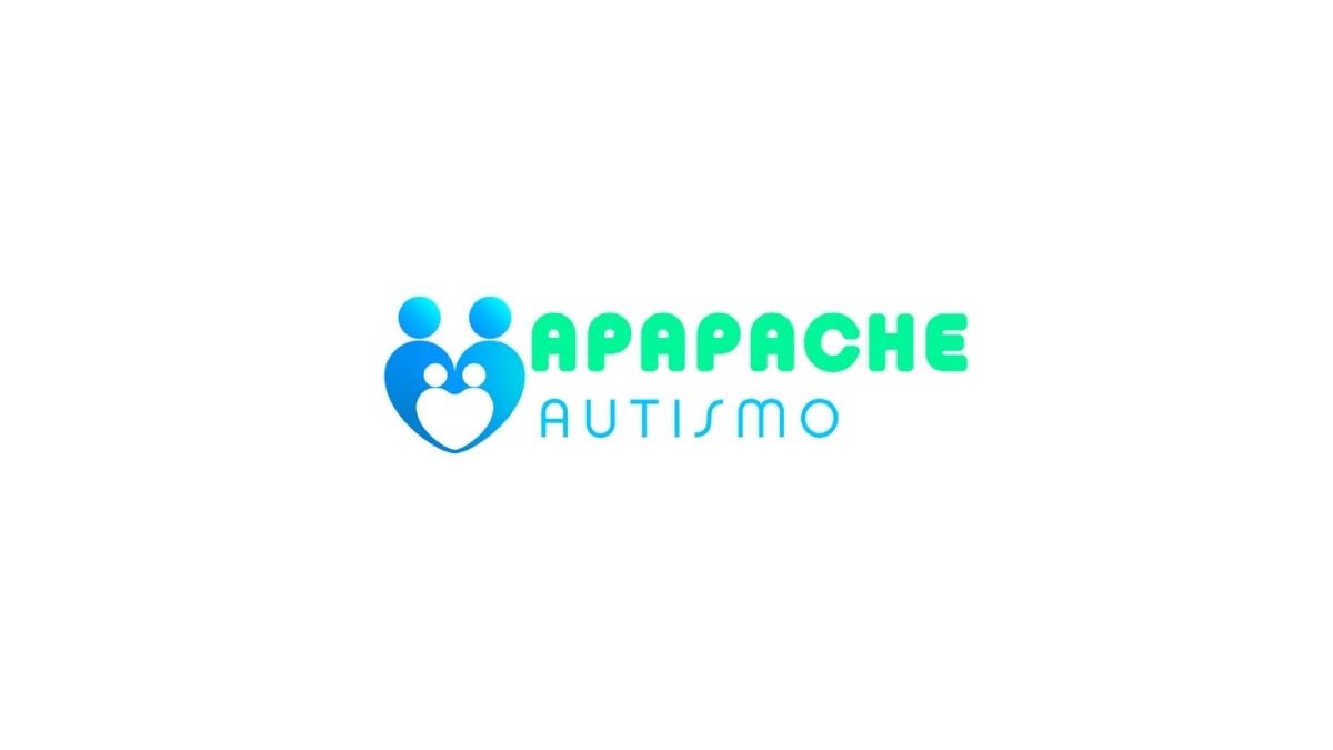 Logotipo de Apapache Autismo, un corazón con dos círculos arriba de cada lado, representando dos personas de color azul, dentro del corazón, en color blanco dos personas más pequeñas. En letras color verde agua dice la palabra "Apapache" y en letras color azul claro "autismo".