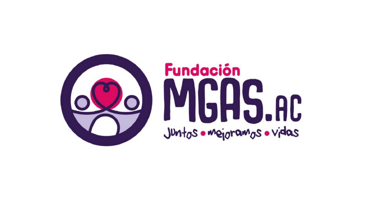 Imagen con letras de color rosa y morado que dicen: Fundación MGAS A.C. y una representación gráfica de dos personas tomadas de las manos con un corazón rosa al centro.