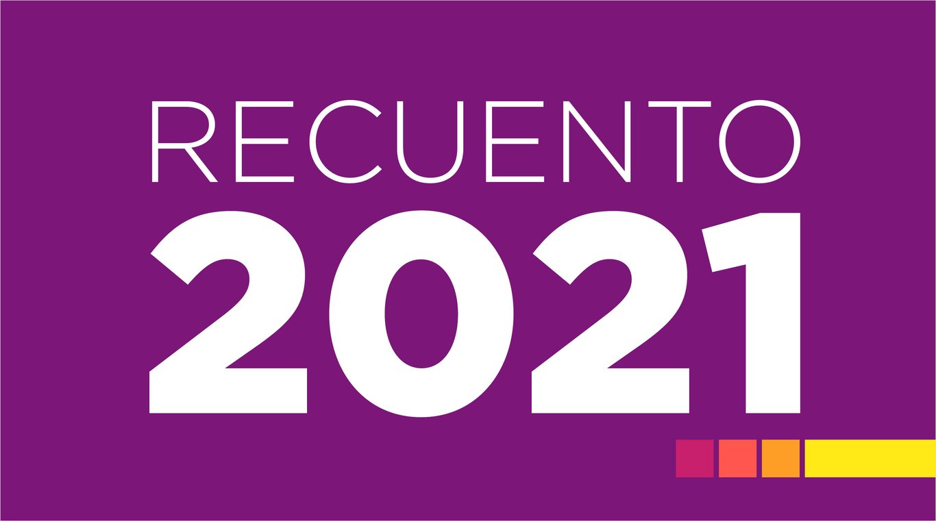 Texto blanco sobre fondo de color morado oscuro: Recuento 2021.