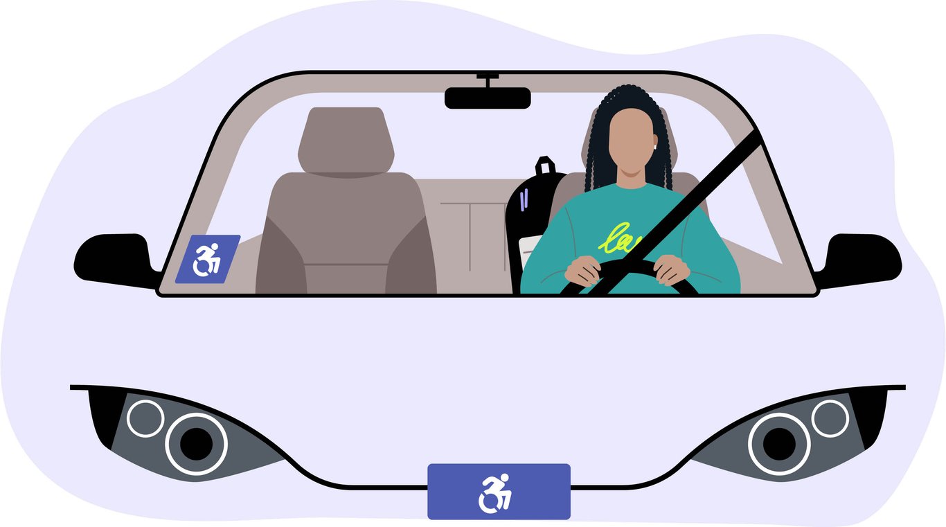 Representación gráfica de una mujer de cabello de color negro, suéter verde agua, sentada detrás del volante de su automóvil de color lila, solo se aprecia el frente de la fachada del coche.