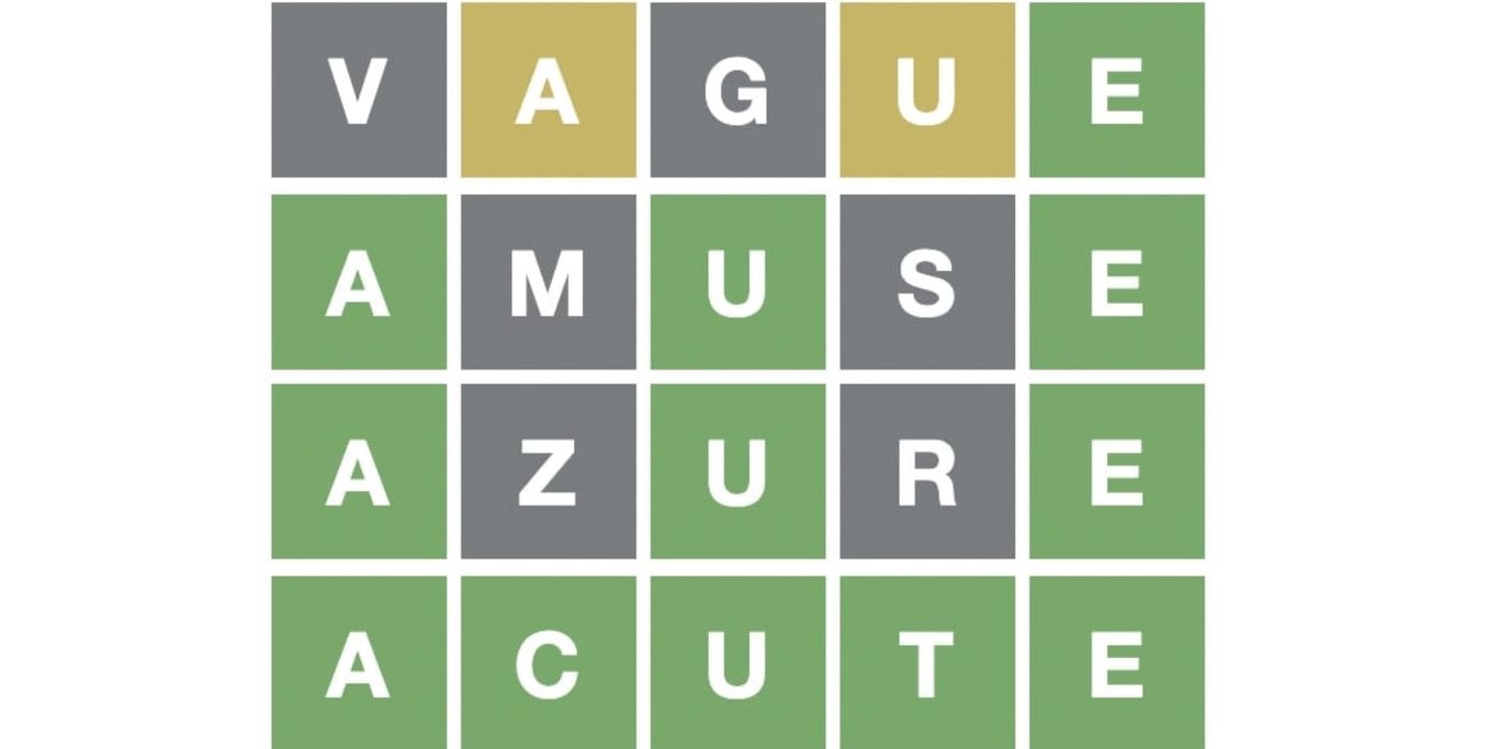 Logotipo de Wordle, un juego digital de palabras, tipo sopa de letras con cuadros de letras de color verde, morado y amarillo claro.