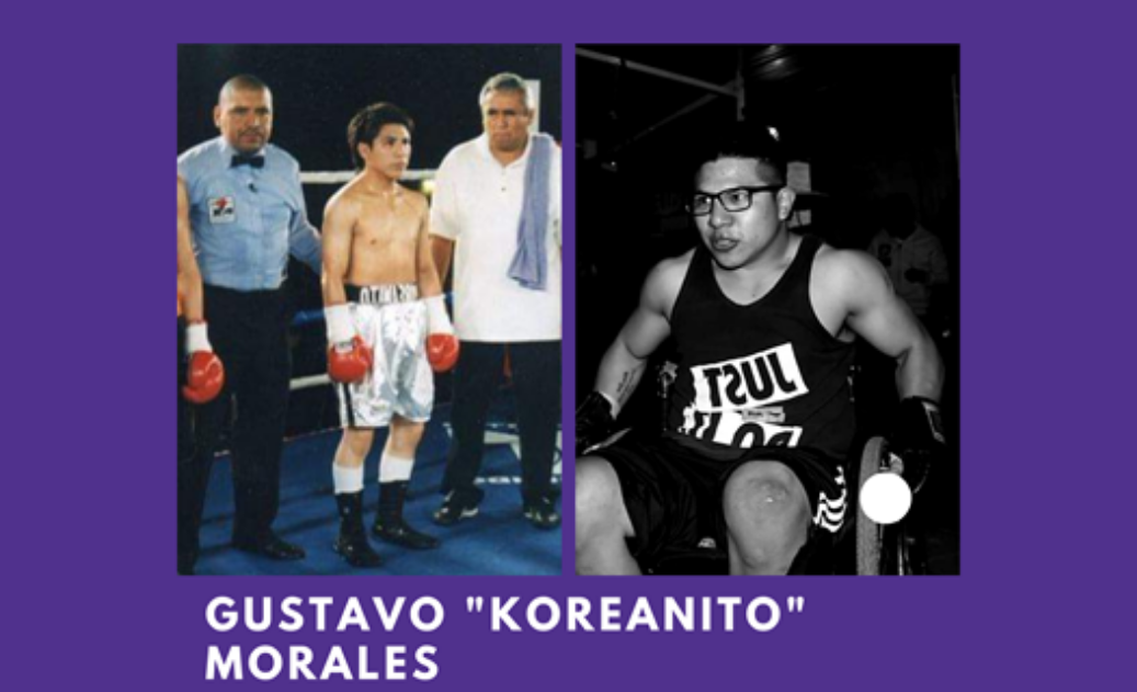 Dos fotografías de Gustavo Koreanito Morales, una de pie sobre el ring y otra como usuario de silla de ruedas y uniforme de boxeador.