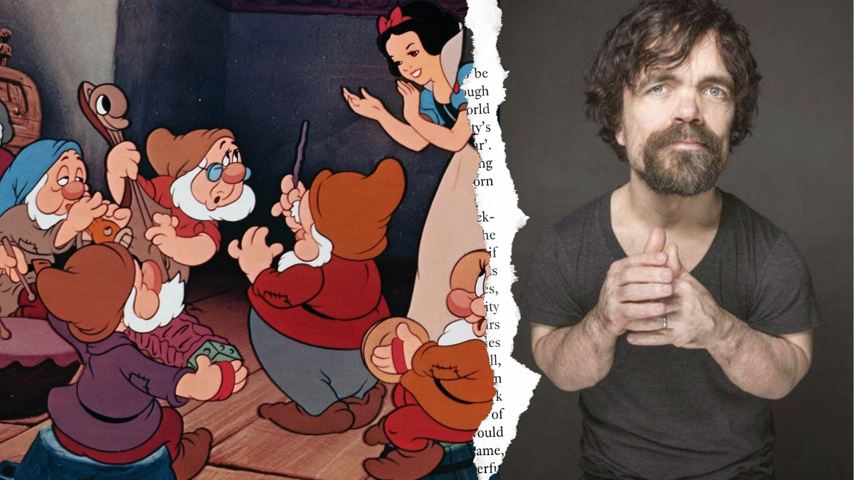 Captura de pantalla de la película Blanca Nieves en donde los siete enanos bailan; dividida por una hoja de libro rota y a su lado izquierdo la fotografía de Peter Dinklage, un actor de talla pequeña.