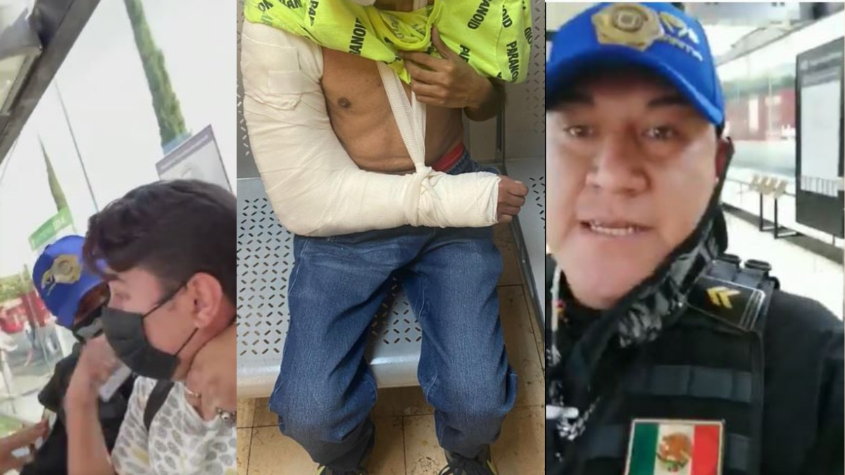 Capturas de pantalla de la agresión a una persona sorda, el rostro del policía agresor y la fractura de un joven en el brazo derecho.
