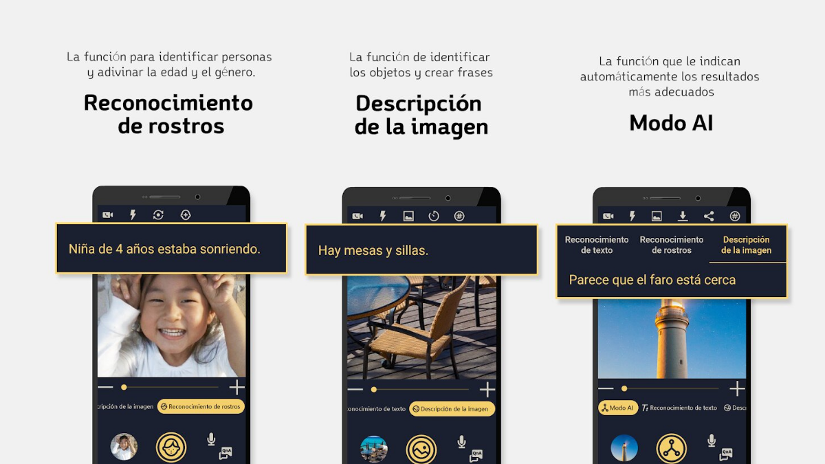 Captura de pantalla de la app y sus tres funciones de reconocimiento de texto, de rostros y descripción de la imagen.